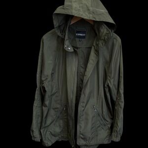 Express Womens Olive Green Lightweight Hooded Windbreaker Jacket Size L #524
